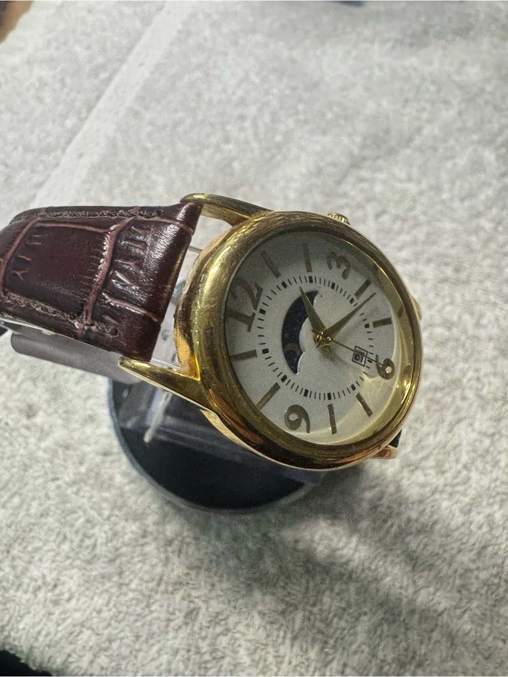 Classic Moonphase Gold-Tone Men’s Watch with Brown Leather Strap